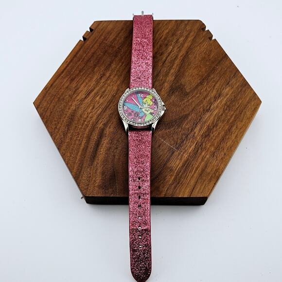Disney Tinkerbell Fairy Girls Watch Rhinestone Bezel Pink Glitter Band Cutesy - Picture 4 of 7